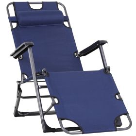 Folding Lounger Chair Metal Frame Folding Sun Lounger Curved Adjustable Footrest Chair 120° / 180° W/ Head Pillow Navy