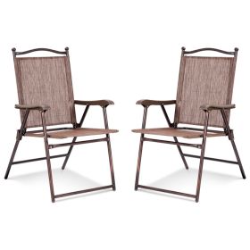 Set of 2 Patio Folding Sling Back Camping Deck Chairs (Color: Brown)